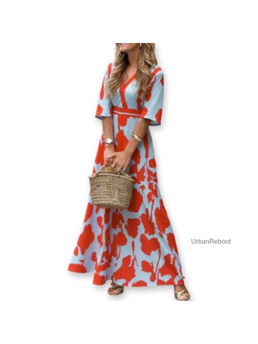 Women's Boho Floral V Neck Satin Maxi Dress Slit Hem Pockets
